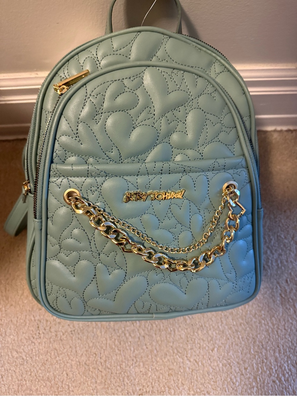 Sky Blue Quilted Heart Mini Backpack with Gold Chain